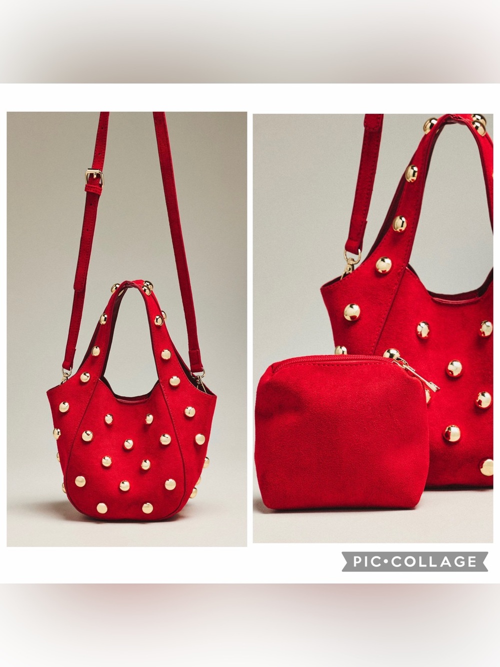 NWT new Anthropologie Sonia faux suede studded mini Bag + pouch slouchy red gold